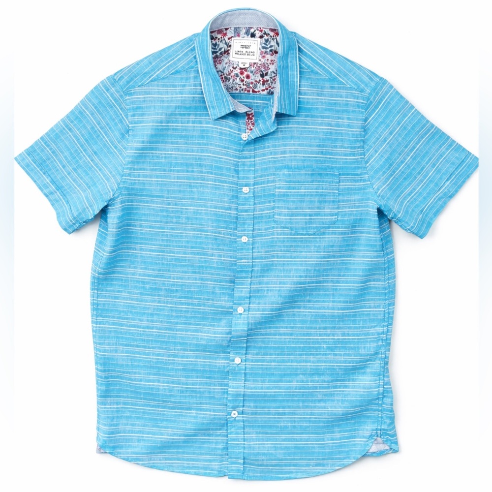 PRIVATE MEMBER Blue Linen Blend Short Sleeve Shirt - Floral Trim - Size M